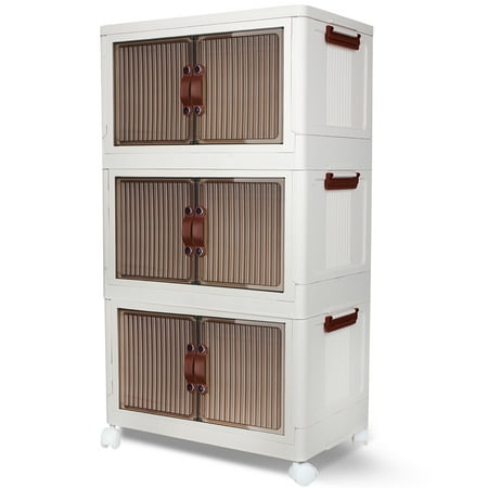 BOP Collapsible Plastic Storage Bins with Lids and Double Doors, Beige, 3 Pack