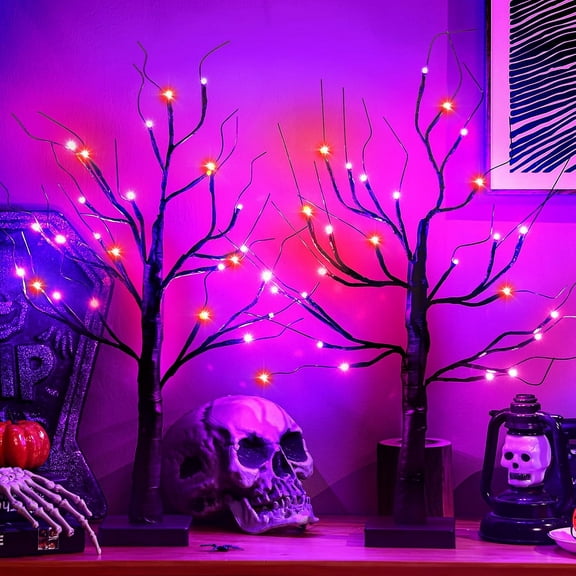 BOPORO 2 Pcs 24 Inch Halloween Lighted Tree Orange and Purple Birches Decor with Timer 48 LED Lights Twigs Battery Operated Artificial Black Tabletop Spooky Tree Decorations for Indoor Home Party