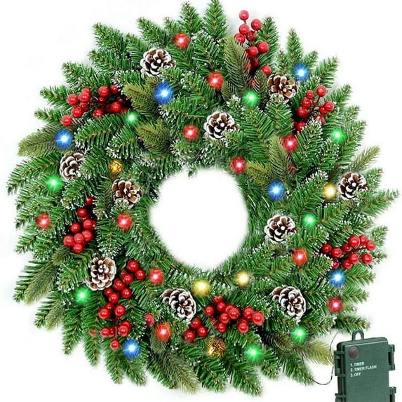 BOPORO 24" Pre Lit Christmas Wreaths Outdoor Lighted Christmas Wreath For Front Door Christmas Red Berries Wreath Xmas Wreath Decor For Window Fireplace Indoor Green