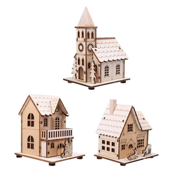 BOPORO 3 Pack Christmas Village House Decorations LED Luminous Wooden Christmas Decor