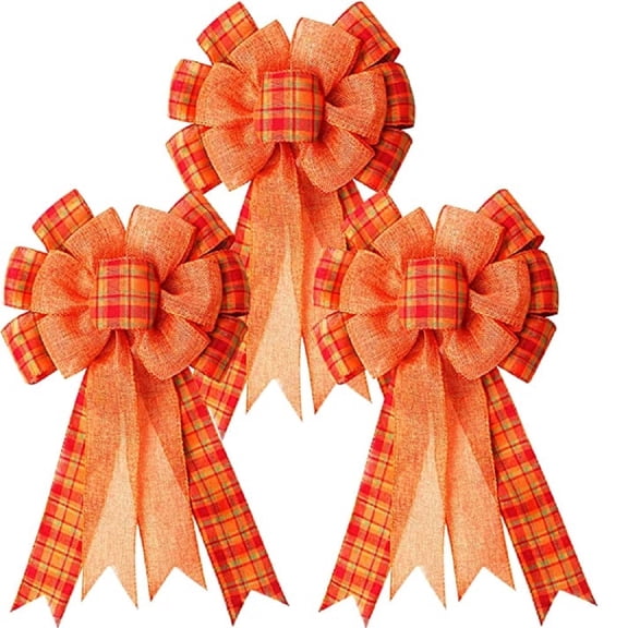 BOPORO 3Pcs Large Fall Thanksgiving Wreath Gift Bow -18.8x10.6inch Orange Buffalo Plaid Check Wreath Swag Bow Wreath Pre-Tied Bow for Fall, Thanksgiving, Christmas, Home Indoor Outdoor Ornaments