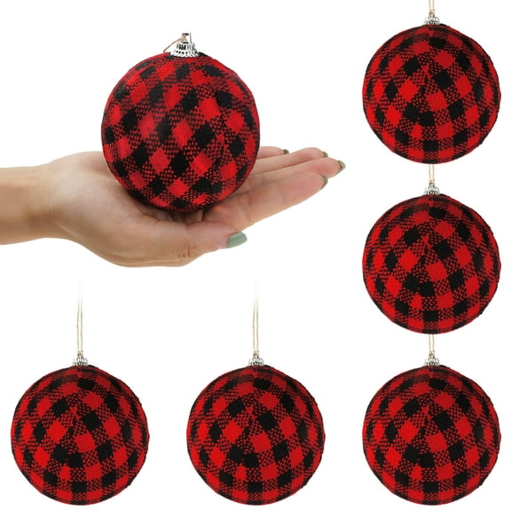 BOPORO 6 pcs Farmhouse Oversized Buffalo Plaid Check Fabric Ball Hanging Ornament Set Decorative Ball for Christmas Tree Valentines Decor Party 3-1/4 Inches (6, Black White)