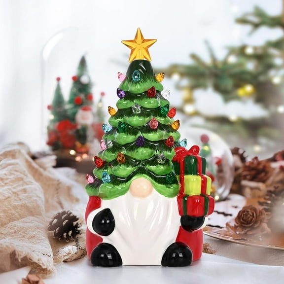 BOPORO 8" Ceramic Christmas Tree Gnome Christmas Decorations with Lights for Tabletop, Green
