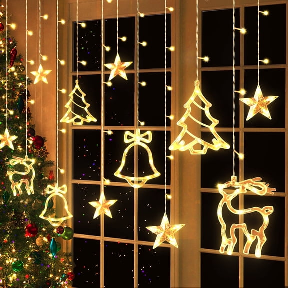 BOPORO Christmas LED Curtain Lights, 11.5FT Star Jingle Bell Elk Xmas Tree Christmas Lights 8 Mode Plug in Fairy Lights for Home Christmas Decorations String Lights, Warm White