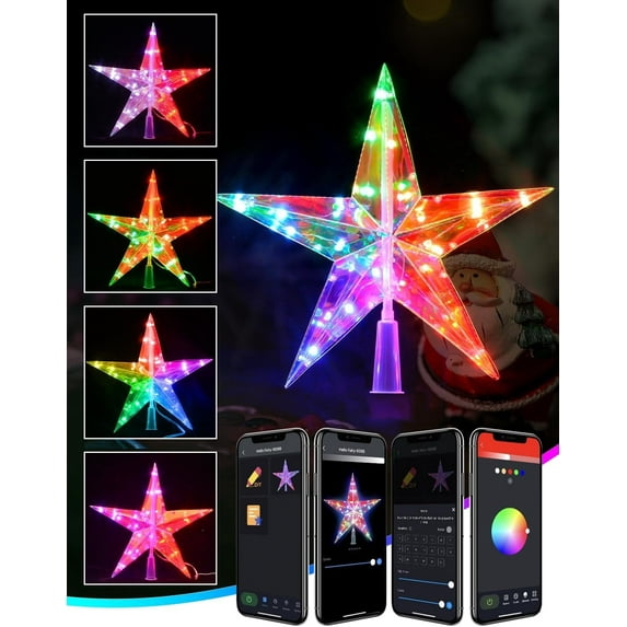 BOPORO Christmas Star Tree Topper, 10” 50LEDs Smart Lighted Christmas Tree Topper Treetop App Control USB Powered Xmas Music Sync Tree Top for Christmas Tree Holiday