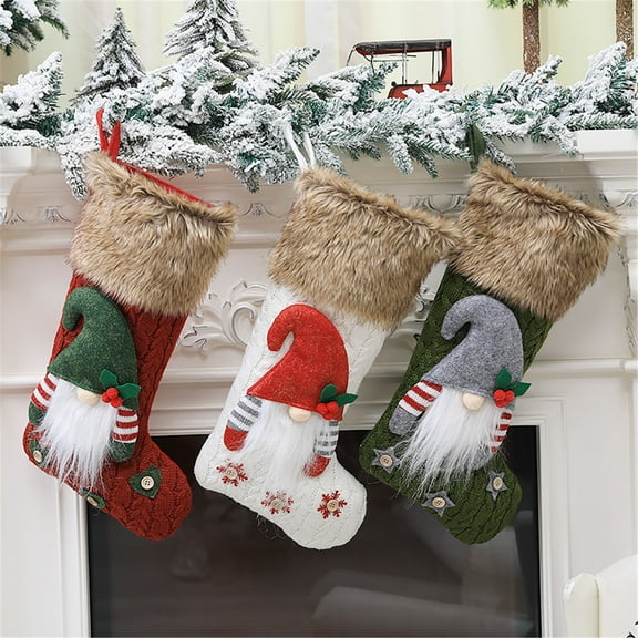 BOPORO Christmas Stocking 3 Pack, 18 Inch 3D Gnomes Santa Christmas Stockings Stuffers, Fireplace Hanging Plush Stockings for Family Christmas Decoration Xmas Character Holiday Season Party Decor