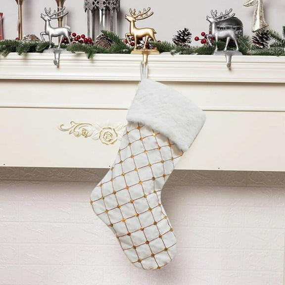 BOPORO Christmas Stockings, White Red Velvet Quilted Christmas Stocking kit 18 Inch Large Gold Sequins Fuzzy Cuff Stuffers Bags Ornament Family Xmas Party Decorations