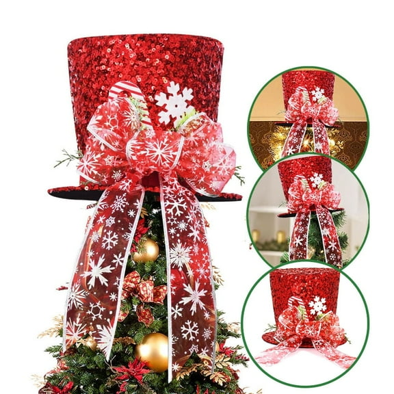 BOPORO Christmas Tree Topper Hat, Tree Topper Hat Large Red Sequins Bowler Derby Hat with Lengthened Bow Ribbon Christmas Tree Ornaments for Holiday Home Decor Xmas Gift Ideas