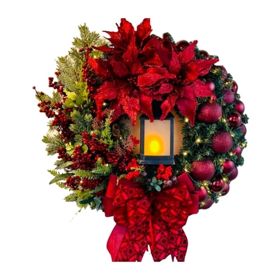 BOPORO Christmas Wreath with Lights,Lighted Nativity Scene Christmas Wreath LED Light Holy Nativity Sign Front Door Xmas Wreath Decor,Red Poinsettia Berries Garland with Berries,15.8 inch