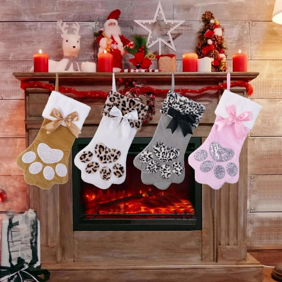 BOPORO Dog Cat Paw Christmas Stockings, Plush Hanging Socks for Holiday and Christmas Decorations