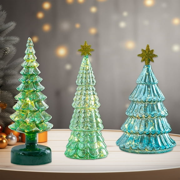 BOPORO Glass Christmas Tree, Battery Operated Lighted Xmas Trees Decorations Tabletop Centerpiece Mantel Window Home Decorr