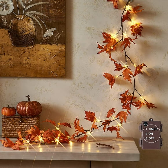 BOPORO Lighted Maple Leaf Garland with Timer 6FT 24 Warm White LED, Fall Garland with Lights Battery Operated for Thanksgiving Harvest Christmas Wedding Decoration Indoor Outdoor