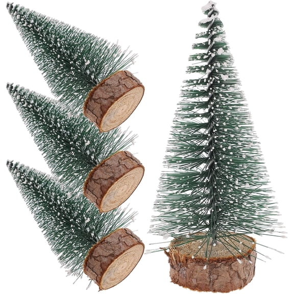 BOPORO Mini Christmas Trees, 4Pcs Artificial Pine Trees Mini Sisal Trees Bottle Brush Christmas Trees with Wooden Base for Christmas Party Home Tabletop Crafts Decorations