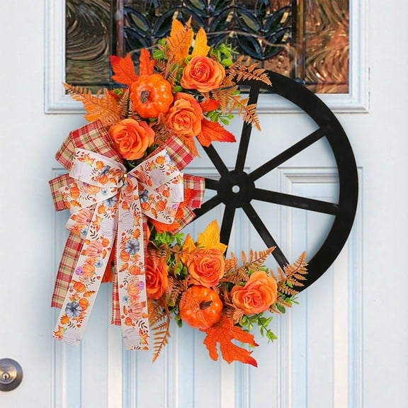 BOPORO Rose Wreath Wagon Wheel Wreath 18 Inch Artificial Flower Autumn Wreath with Handmade Bow Maple Leaves Pumpkin Holiday Wall Home Porch Farmhouse Decor Outdoor Thanksgiving Decorations