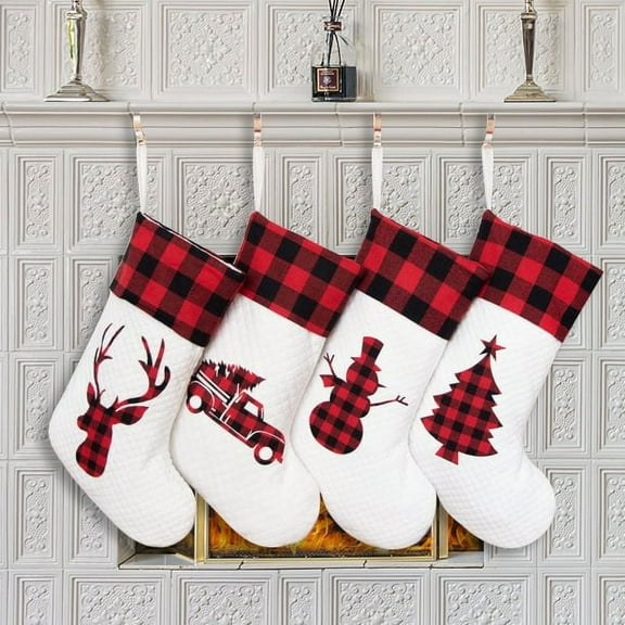 BOPORO Set of 6 Christmas Stocking(20inch) Silhouette Buffalo Red Plaid/Rustic/Farmhouse/Country Cotton Fireplace Hanging Xmas Stockings Decorations for Family Holiday Season Decor
