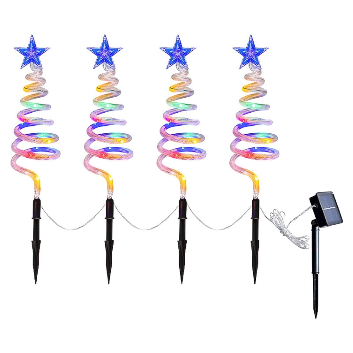 BOPORO Solar Lighted Spiral Christmas Tree Light 4 Pcs, 15 Inch Outdoor Light Up Xmas Pathway Markers with Colorful Lights, 8 Modes