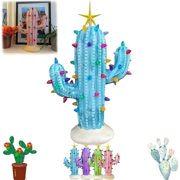 BOPORO Vintage Christmas Luminous Cactus, Christmas Decor Creative Cactus, Pre-Lit Cactus Christmas Tree with Lights, Light Up Christmas Tree Cactus for Xmas Home Tabletop (1pc Green)