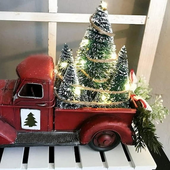 BOPORO Vintage Red Truck Rustic Christmas Table Decoration Pickup Truck Car with Lighted Mini Christmas Tree Country Christmas Tabletop Decor