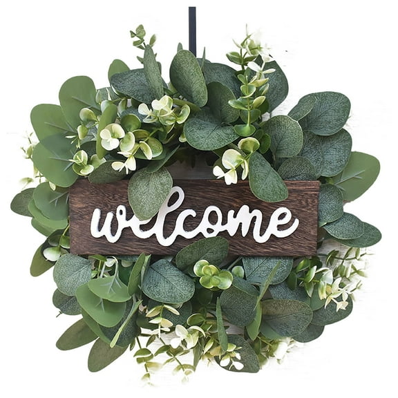 BOPORO Welcome Wreath Door Decoration Eucalyptus Leaf Wreath Ideal Spring & Summer Decorating for Indoor & Outdoor Use 12 inch