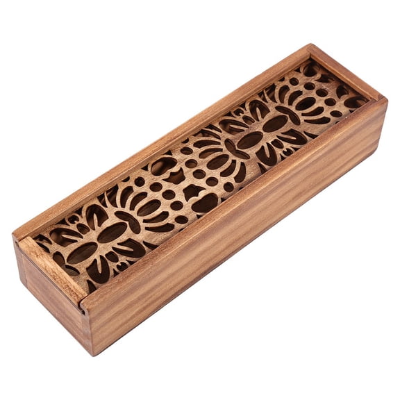 BORDSTRACT Wooden Pencil Case Box, 4 Types Pencil Holder With Carved Sliding Cover For Desktop Stationery Storage Student Pencil Organizer