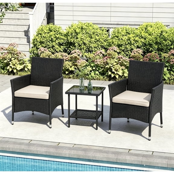 BORGEBY 3 Pieces Outdoor Patio Furniture Wicker Table and Chairs Set Bar Set with Cushioned Tempered Glass,Black
