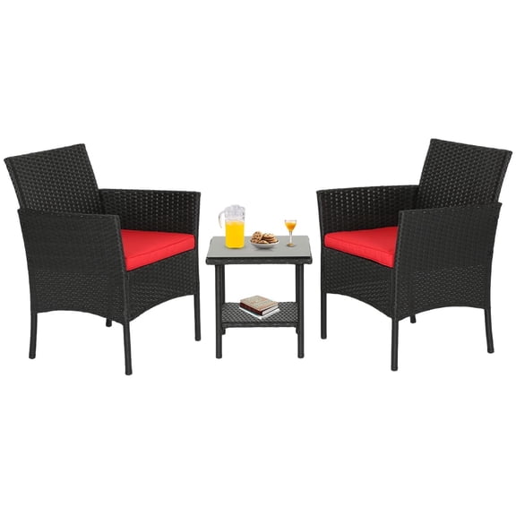 BORGEBY 3 Pieces Outdoor Patio Furniture Wicker Table and Chairs Set Bar Set with Cushioned Tempered Glass,Red