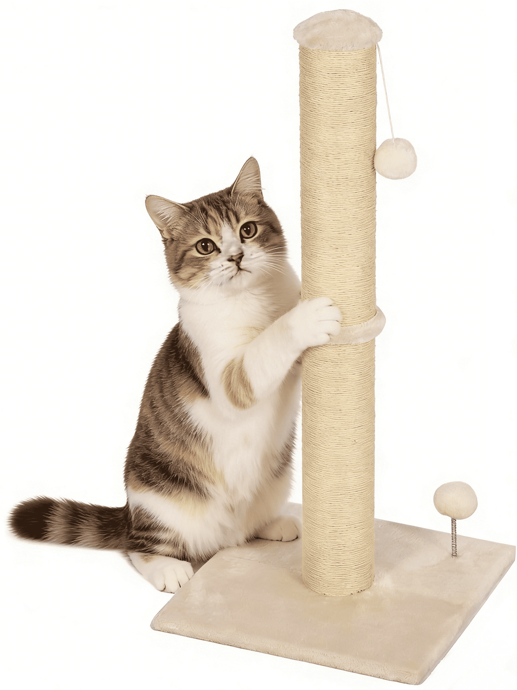 BORGEBY 33 Inch Cat Scratching Post, Natural Sisal Rope Cat Scratcher with Hanging Ball Toy for Indoor Cats and Adults ,Beige