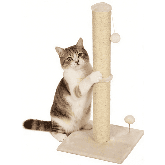 BORGEBY 33 Inch Cat Scratching Post, Natural Sisal Rope Cat Scratcher with Hanging Ball Toy for Indoor Cats and Adults ,Beige