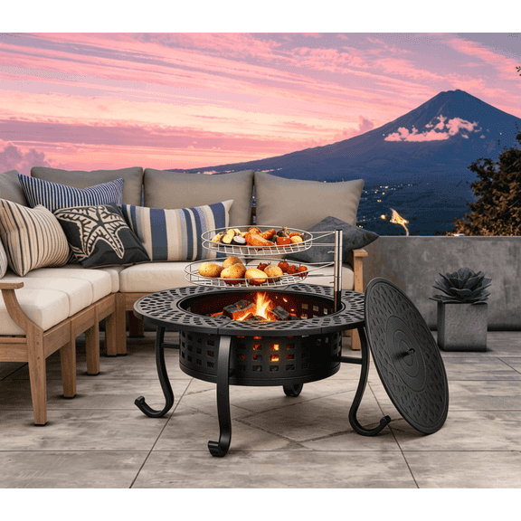 XF XINFENG 36 Inch Fire Pit Table, Wood Burning with Lid & Adjustable Grills,3-in-1 Fire Pit Table for BBQ, Bonfire & Patio Dining