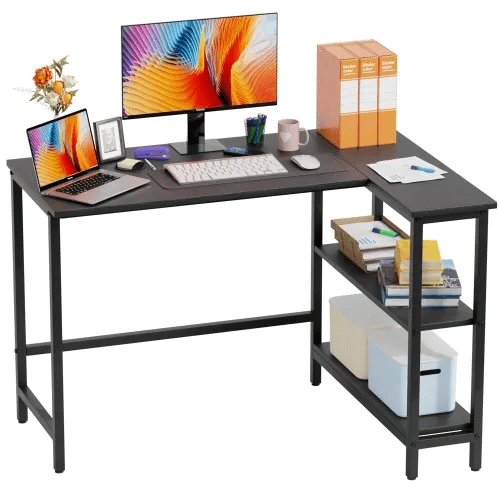 BORGEBY 43 Inch L-Shaped Computer Desk with Storage Shelf, Metal Reinforced Frame Gaming Desk, Multifunctional Workstation for Small Spaces