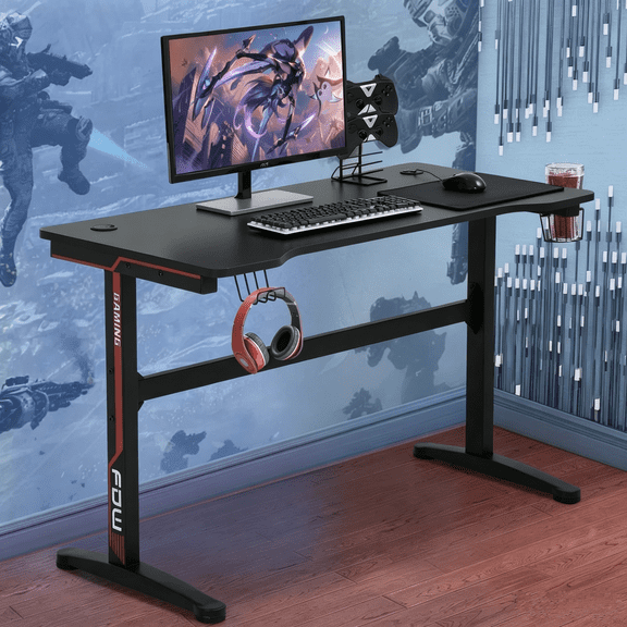 BORGEBY 47 inch Gaming Desk with Cup Holder & Headphone Hook, Ergonomic Gamer Table, T-Shaped Computer Table for Adult Teens,Red