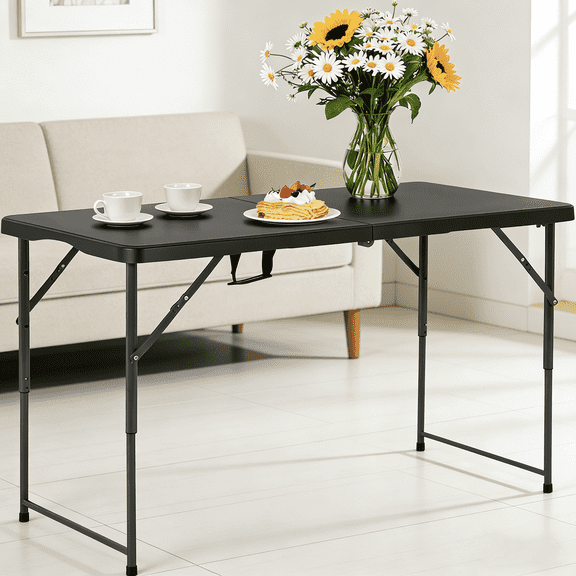 BORGEBY 4ft Folding Table ,Heavy Duty Plastic Picnic Table with Handle for Indoor Outdoor, Camping, BBQ, Party, Wedding, Black