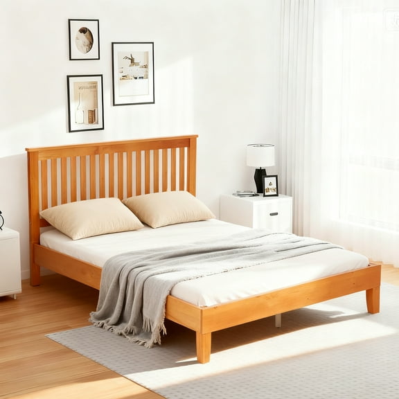 BORGEBY Queen size Bed Frame with Headboard, Solid Wood Platform Bedroom Double Bed ,Sturdy Slat Support System & Under Bed Storage, Easy Assembly