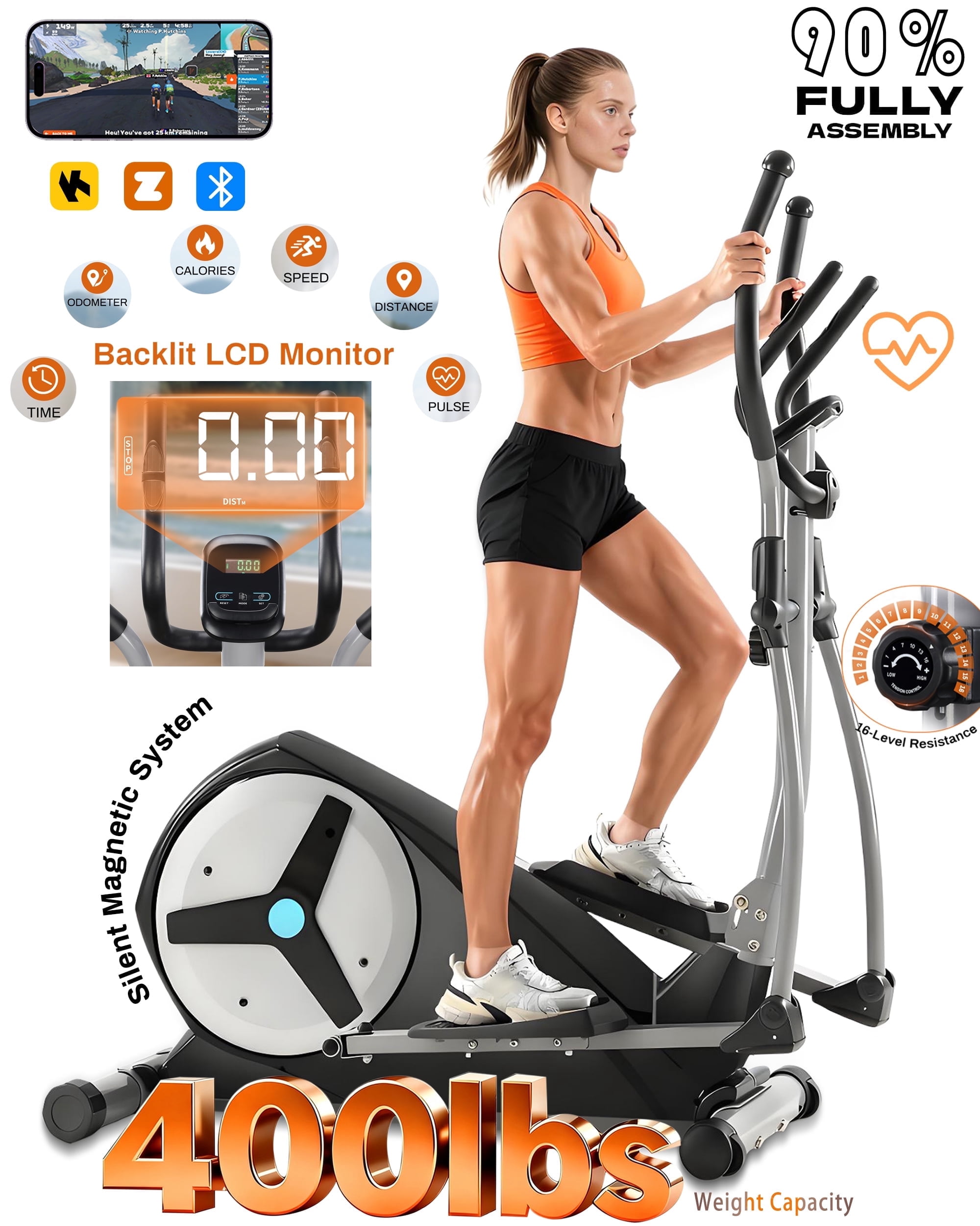 BORGUSI Elliptical Exercise Machine, Magnetic Elliptical Machine for Home, Hyper-Quiet Elliptical Training Machines 16 Resistance Levels, Pulse Sensor, LCD Monitor 400LB Weight Capacity