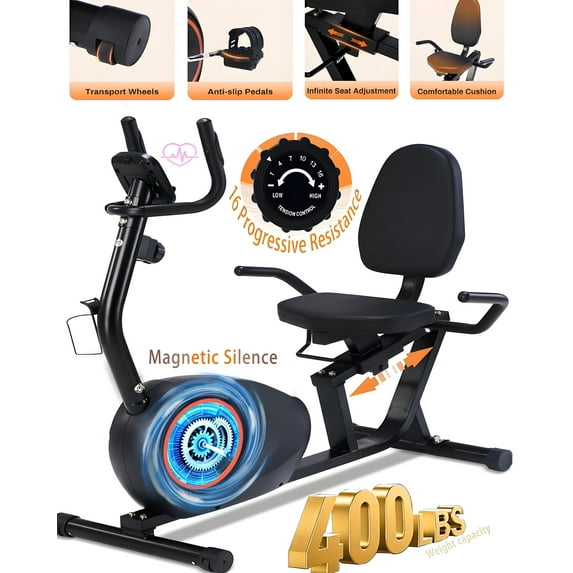 BORGUSI Recumbent Exercise Bike for Home,Magnetic Staionary Bike for Seniors/Adults with Adjustable Seat, 400LB Capacity, 16-level Resistance, LCD Monitor & Pulse Sensors