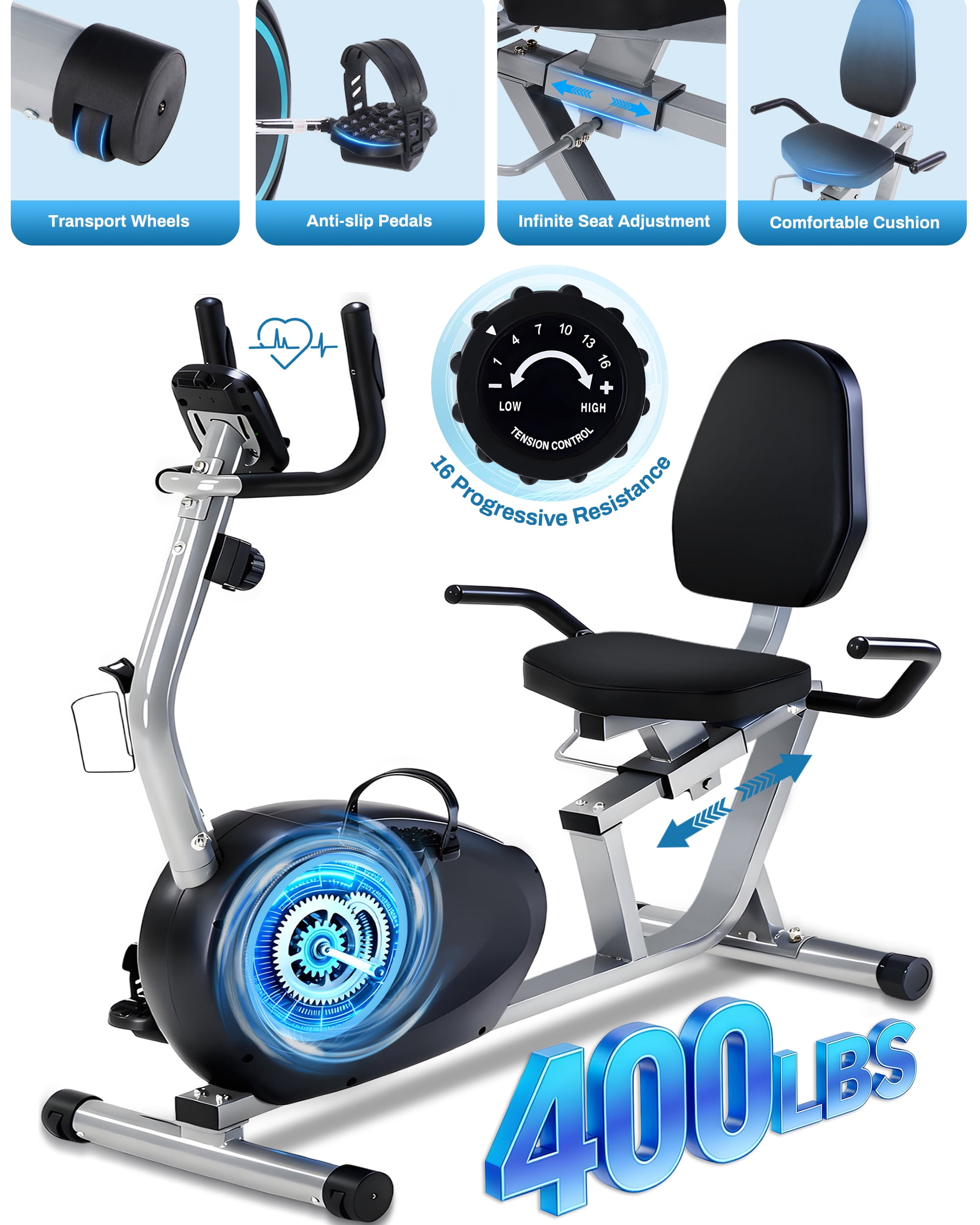 BORGUSI Recumbent Exercise Bike for Home，Magnetic Staionary Bike for Seniors/Adults with Adjustable Seat, 400LB Capacity, 16-level Resistance, LCD Monitor & Pulse Sensors