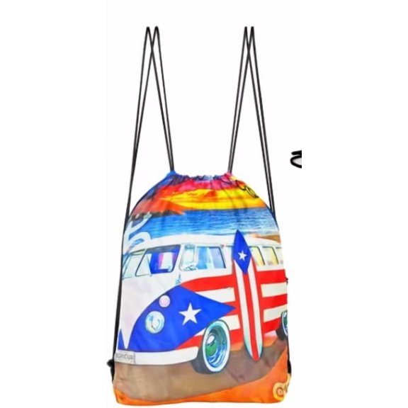 BORICUA Puerto Rico Beach Surf Van Drawstring Backpack, Multi-color