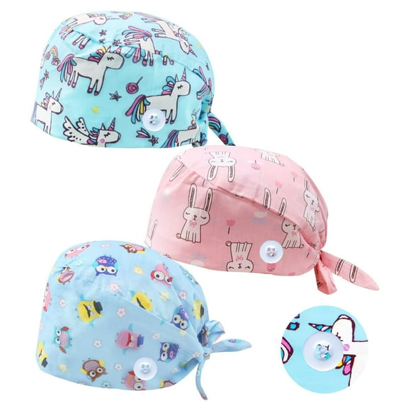 BORISCA 3 Piece Adjustable Nurse Cap with Button, Surgical Caps Women Men, Operating Room Cap, Bouffant Hat with Sweatband