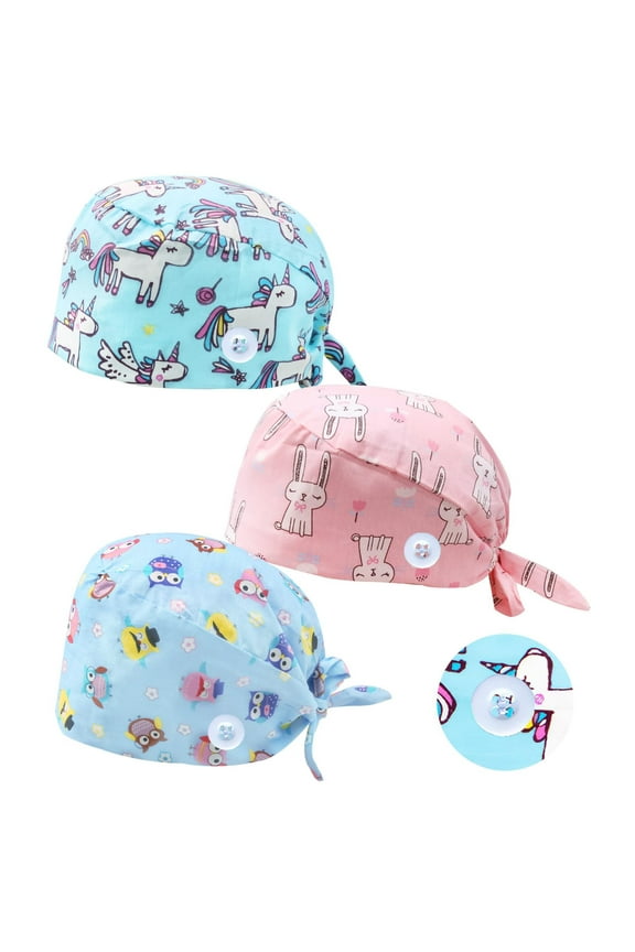 BORISCA 3 Piece Adjustable Nurse Cap with Button, Surgical Caps Women Men, Operating Room Cap, Bouffant Hat with Sweatband