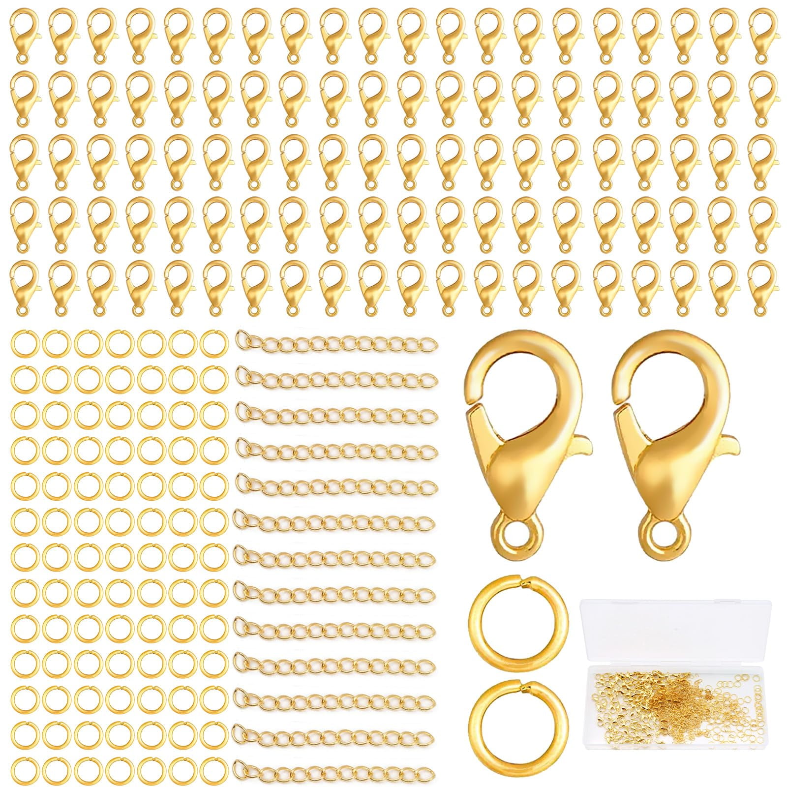 BORISCA 500Pcs Chain Clasps, 200Pcs 7x0.9mm Open Jump Rings + 100Pcs 50mm Extension Chains + 200Pcs 12mm Lobster Clasps for DIY Jewelry Making (Gold)
