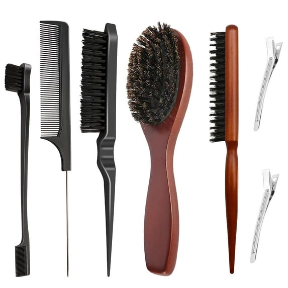 BORISCA 7 Pieces Boar Bristle Brush, Boar Bristle Hair Brush, Hair Plating Brush, Boar Hair Brush, Beard Brush, Hair Brushes for Men and Women