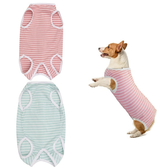 BORISCA Dog Surgical Suit, Striped Dog Onesie Surgery Recovery Suit, Dog Surgical Vest, Post-operative Bodysuit Dog, Pet After Surgery Wear Substitute E-collar & Cone (Pink +Green S)