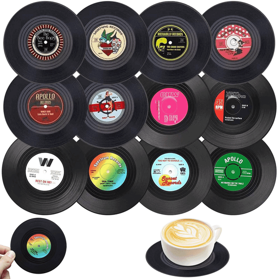 GIRACOA 12 PCS Vinyl Record Coasters, Nostalgic Fashion Retro Non-Slip Anti-Scald-Proof Glass Coasters