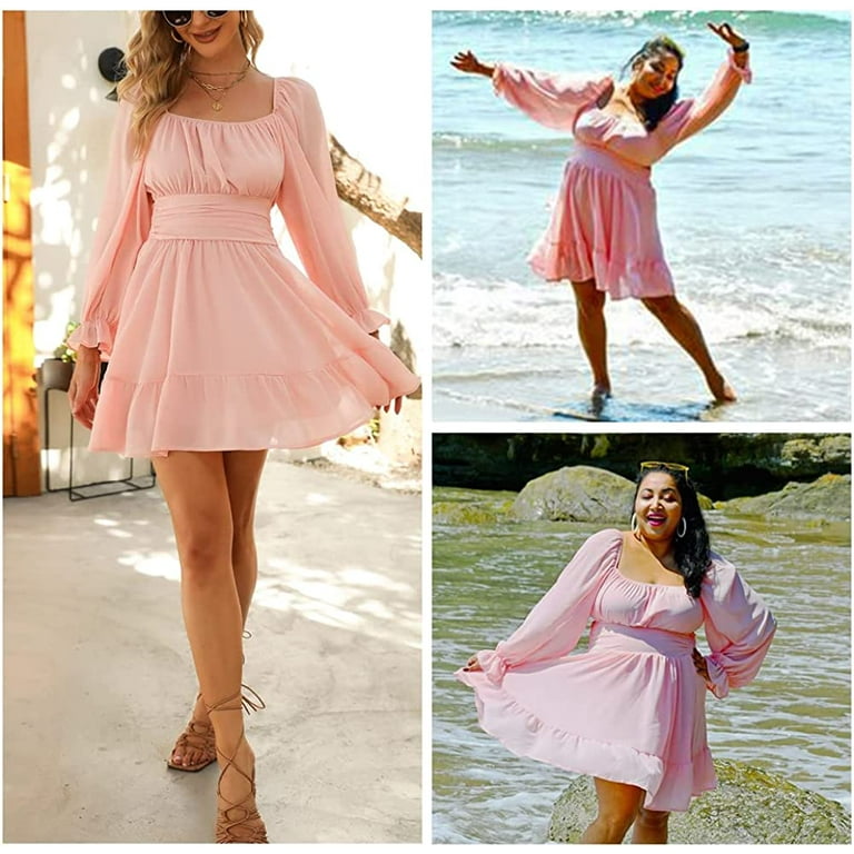 BORKE Women Tie Back Summer Dresses Long Lantern Sleeve Square