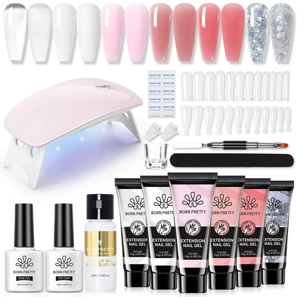 BORN PRETTY Poly Nail Extension Gel Kit-6 Colors Poly Nails Gel Kit Nude Clear Jelly Pink All In One Kit Builder Glue Gel with Nail Lamp Base Top Coat Set Nail Forms French Manicure Set for Beginner