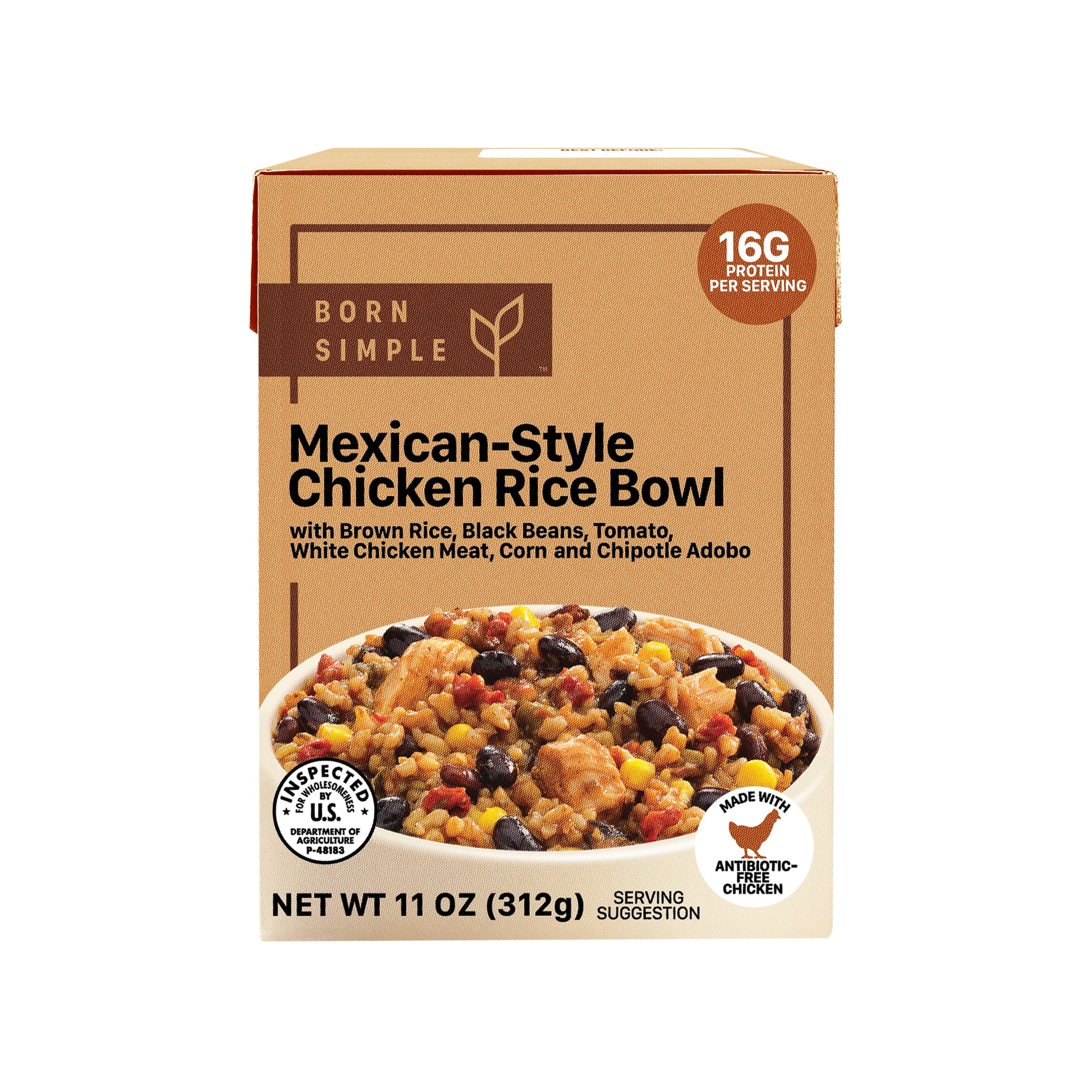 Born Simple Mexican Style Chicken Rice Bowl, 11 oz Box, Ready to Eat