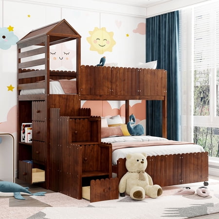 BORNMIO Stairway Twin Over Full Bunk Bed, House Bed with Two Shelves and Seven Drawers,Walnut