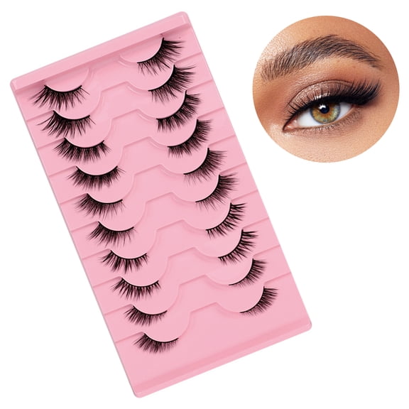 BOROLA 10 Pairs Half False Eyelashes, 3D Handmade Cat Eye Short Mink Lashes, Natural Transparent False Eyelash Set