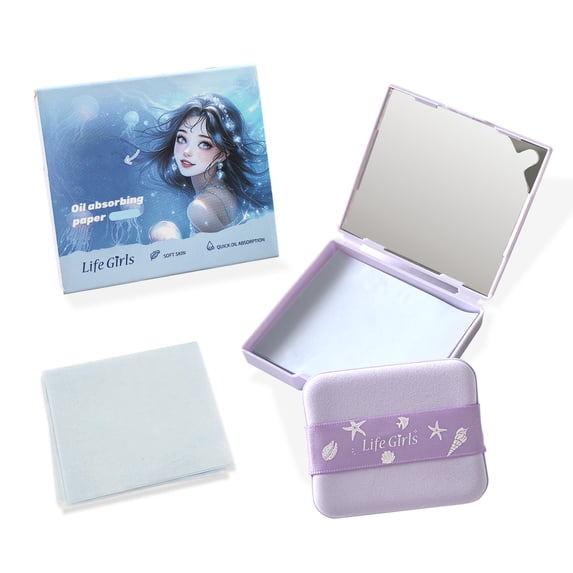 BOROLA 3-in-1 Ocean Fresh Oil Blotting Paper Set for Face 100 Sheets Absorbing Sheets with Portable Mirror & Adhesive Makeup Puff, Blotting Papers for Oily Skin, Design for Women(Sea Twilight Purple)