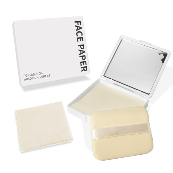 BOROLA 3-in-1 Oil Blotting Paper Set for Face 100 Sheets Oil Absorbing Sheets with Portable Mirror & Adhesive Makeup Puff, Blotting Papers for Oily Skin, Design for Men & Women(White)